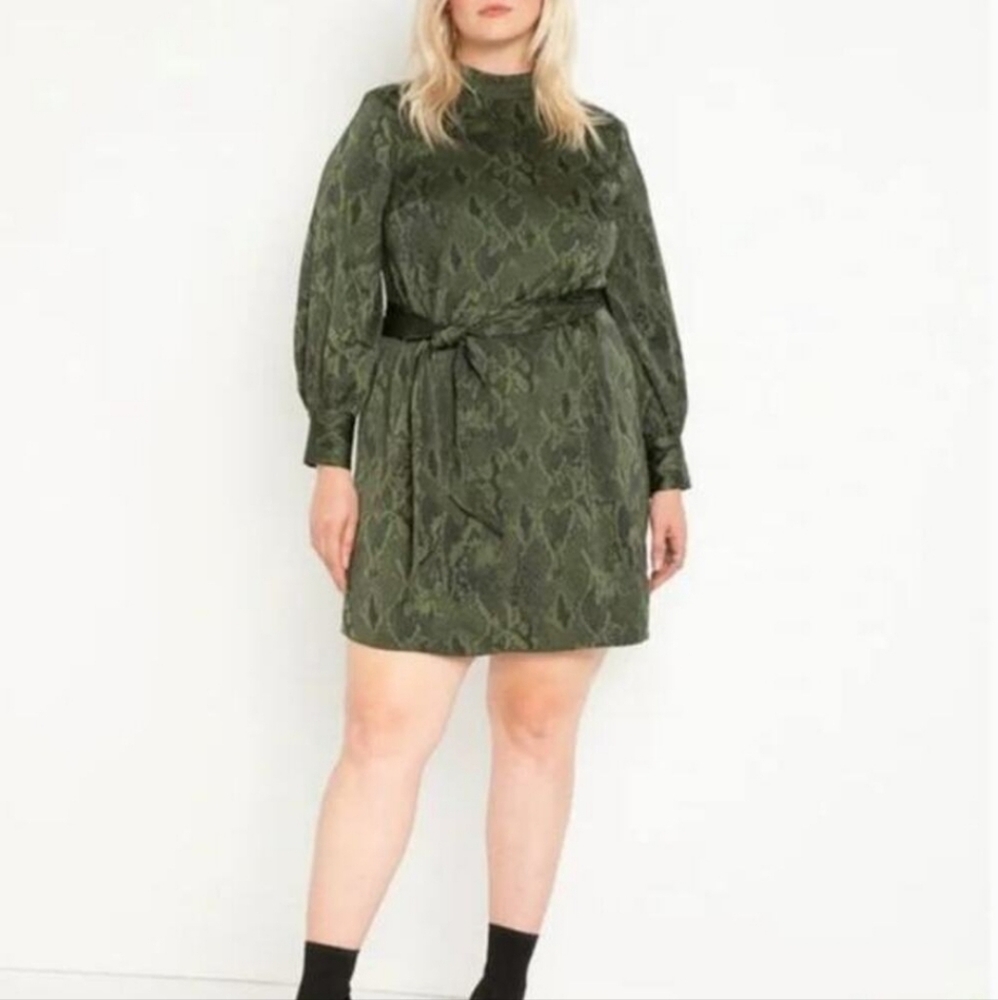 Eloquii Green Snake-Print Patterned Satiny Belted Dress. Size 18 NWT
